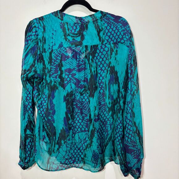 Hale Bob SILK Blouse sz M Animal Print Green Neck Tie Mermaidcore Dark Fairy - Picture 6 of 9